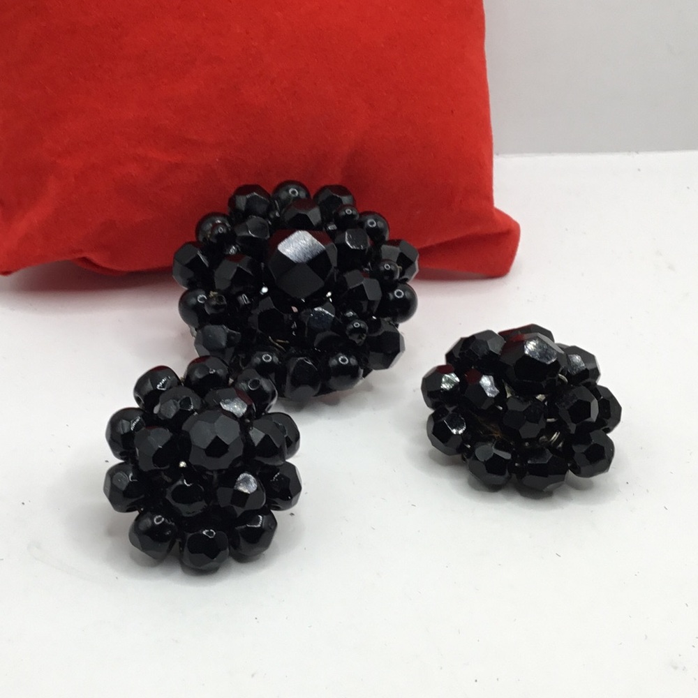 Vintage W. Germany Faceted Black Glass Clip-on earrings matching Brooch